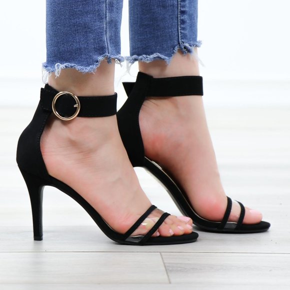 Velvet Black Open Toe Clear Strap High Heel Sandal - Picture 4 of 13